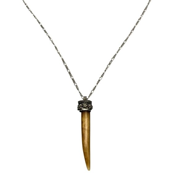 N/A Jewelry - Brown Horn Pendant Long Chain Necklace Silver Tone Hippie Trible